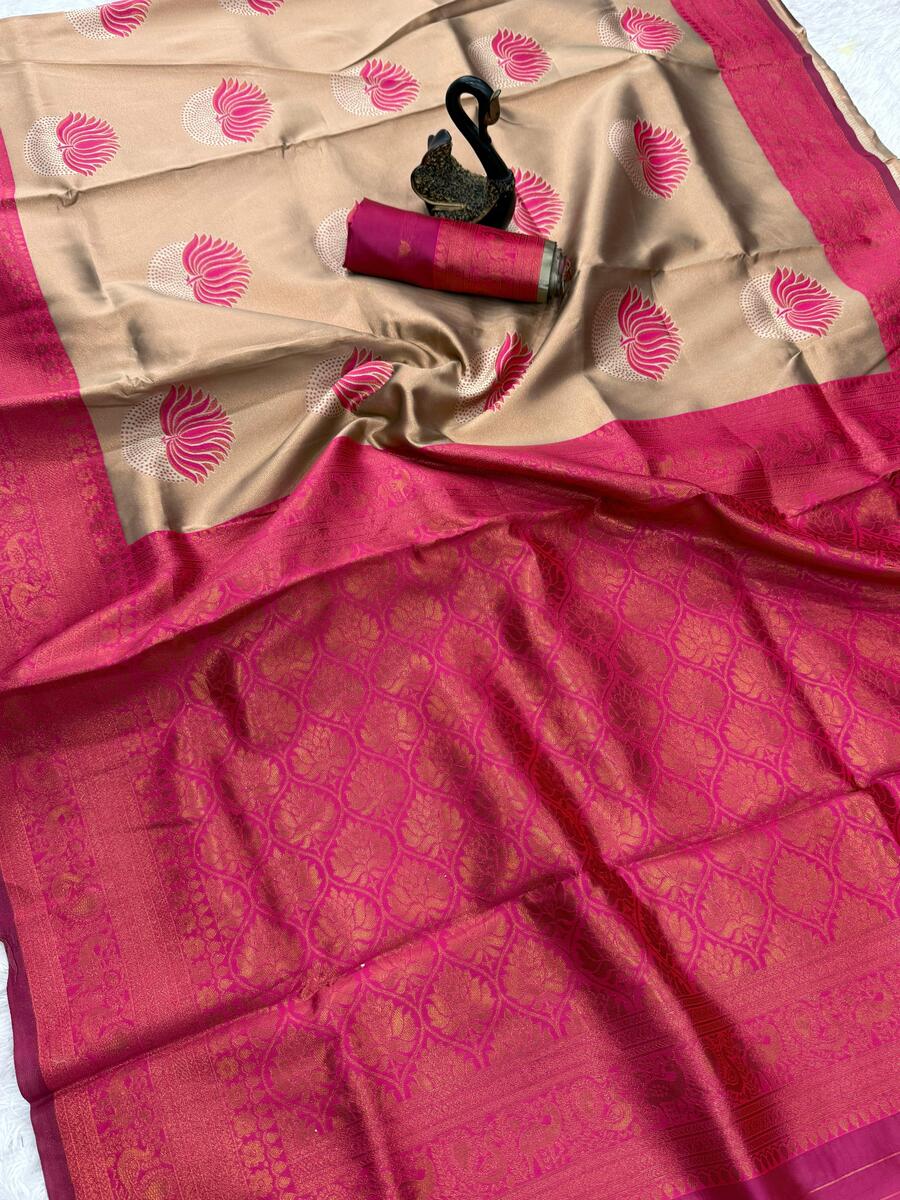 Scintilla Beige and Dark Pink Soft Silk Saree With Improbable Blouse Piece