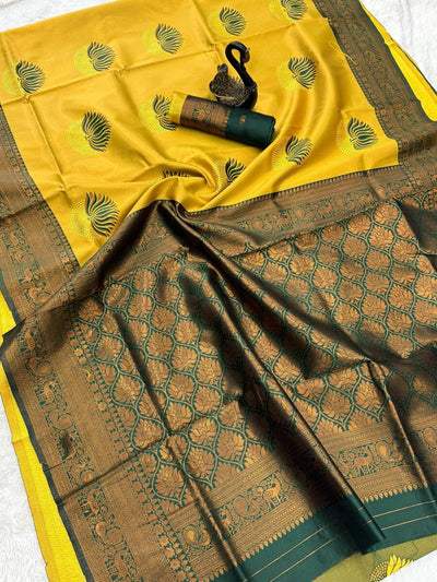 Susurrous Yellow and Green Soft Silk Saree With Vestigial Blouse Piece