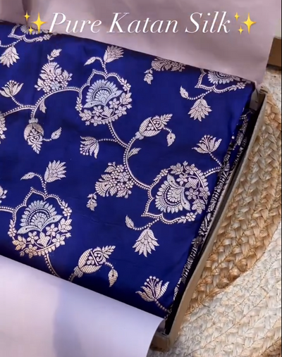 Royal Blue Pure Katan Silk Banarasi Saree with Silver Zari Floral Jaal