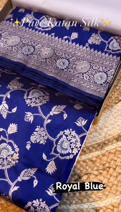 Royal Blue Pure Katan Silk Banarasi Saree with Silver Zari Floral Jaal