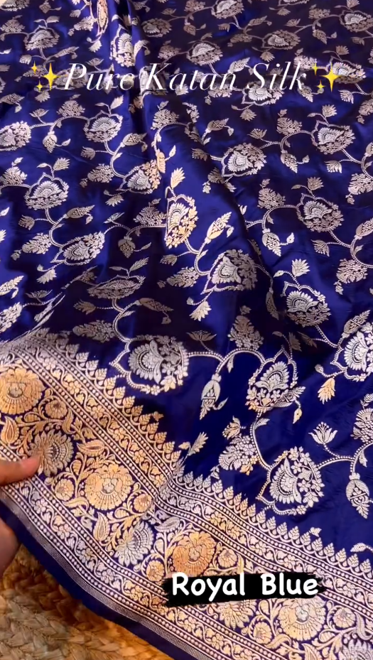 Royal Blue Pure Katan Silk Banarasi Saree with Silver Zari Floral Jaal
