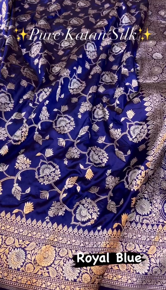 Royal Blue Pure Katan Silk Banarasi Saree with Silver Zari Floral Jaal