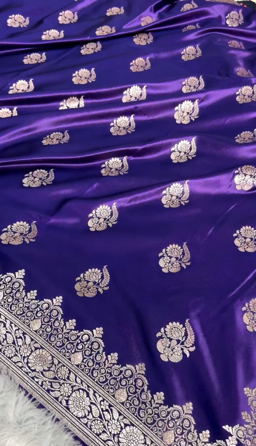 Royal Purple Banarasi Silk Saree with Silver Zari Floral Butta