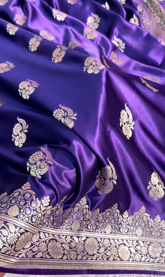 Royal Purple Banarasi Silk Saree with Silver Zari Floral Butta