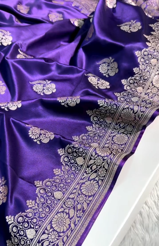 Royal Purple Banarasi Silk Saree with Silver Zari Floral Butta