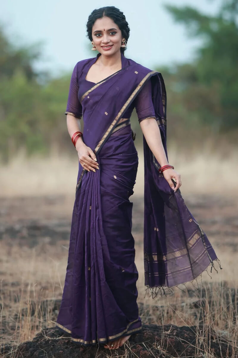 Pleasurable Purple Cotton Silk Saree With Imaginative Blouse Piece