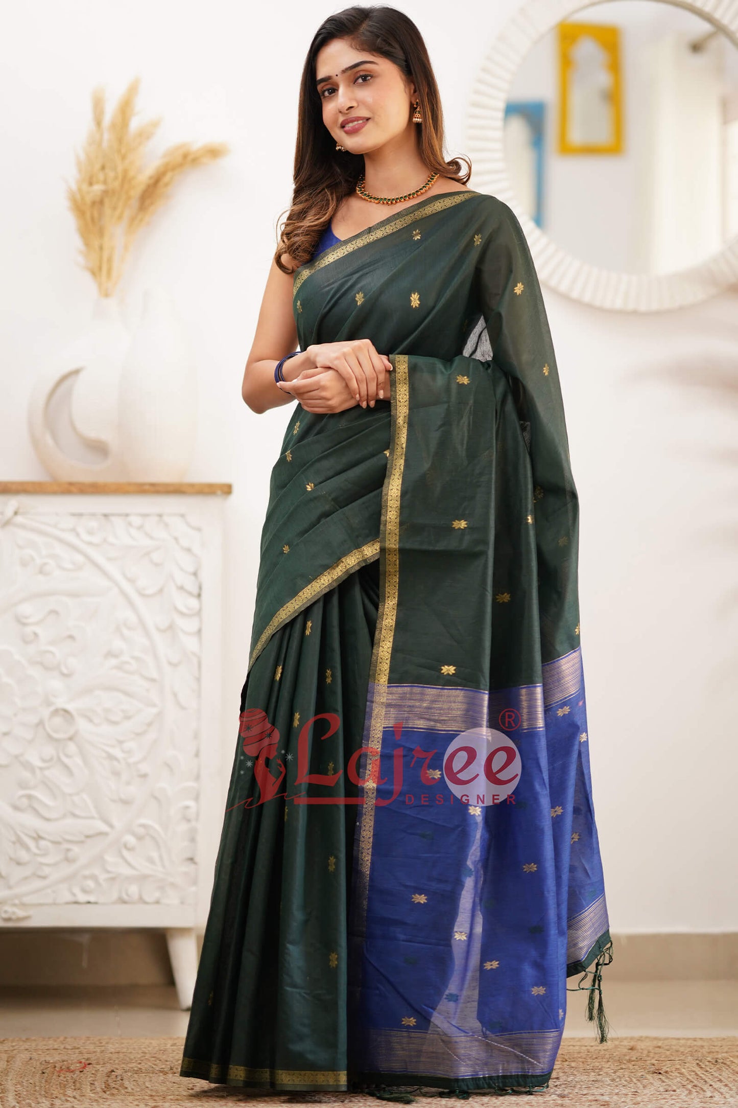 Flattering Green Cotton Silk Saree With Classy Blouse Piece