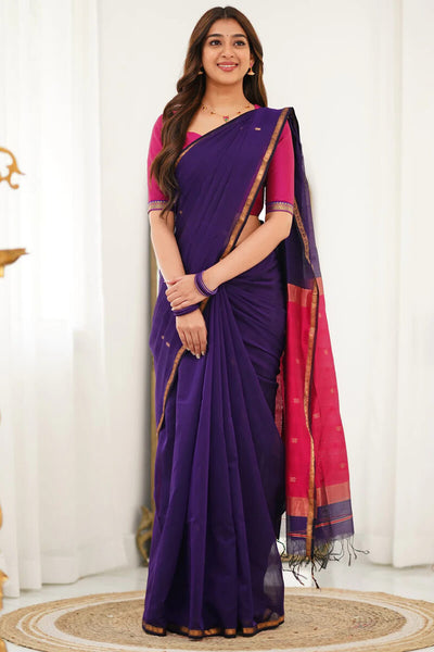 Ethereal Purple Cotton Silk Saree With Quixotic Blouse Piece