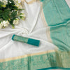 Gratifying White and Firozi Orgenza Silk Saree With Fantabulous Blouse Piece