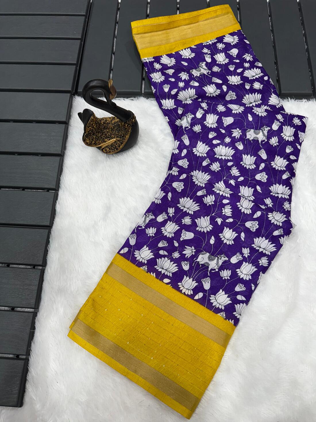 Preferable Royal Blue Digital Printed Dola Silk Saree With Prominent Blouse Piece