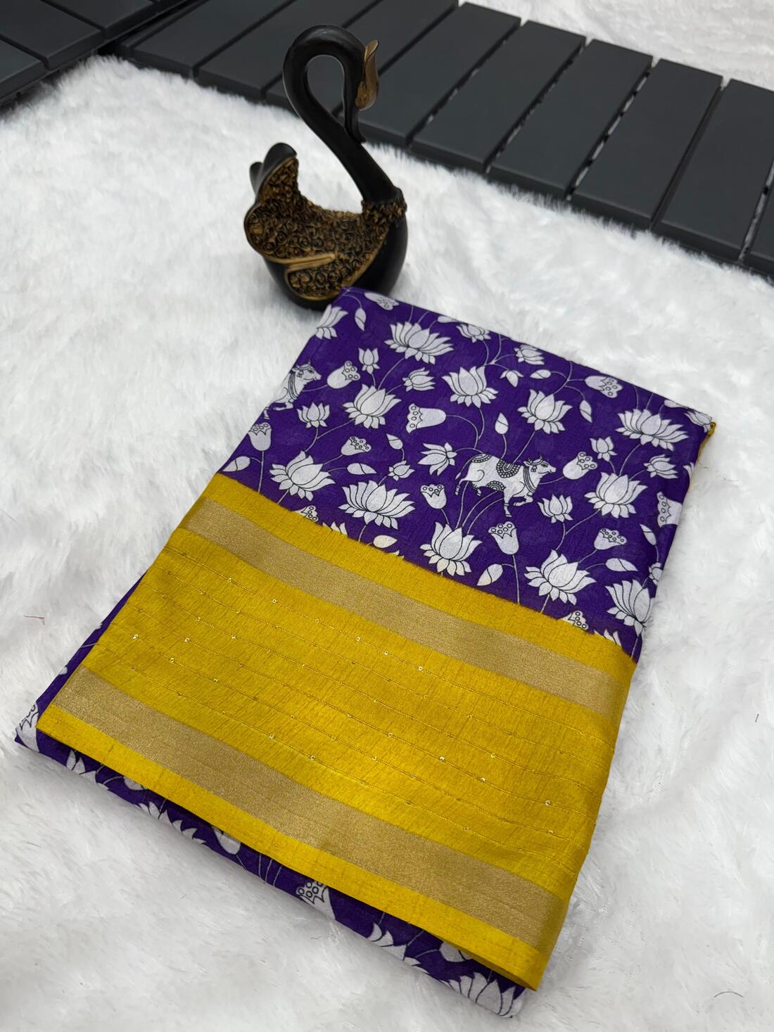 Preferable Royal Blue Digital Printed Dola Silk Saree With Prominent Blouse Piece