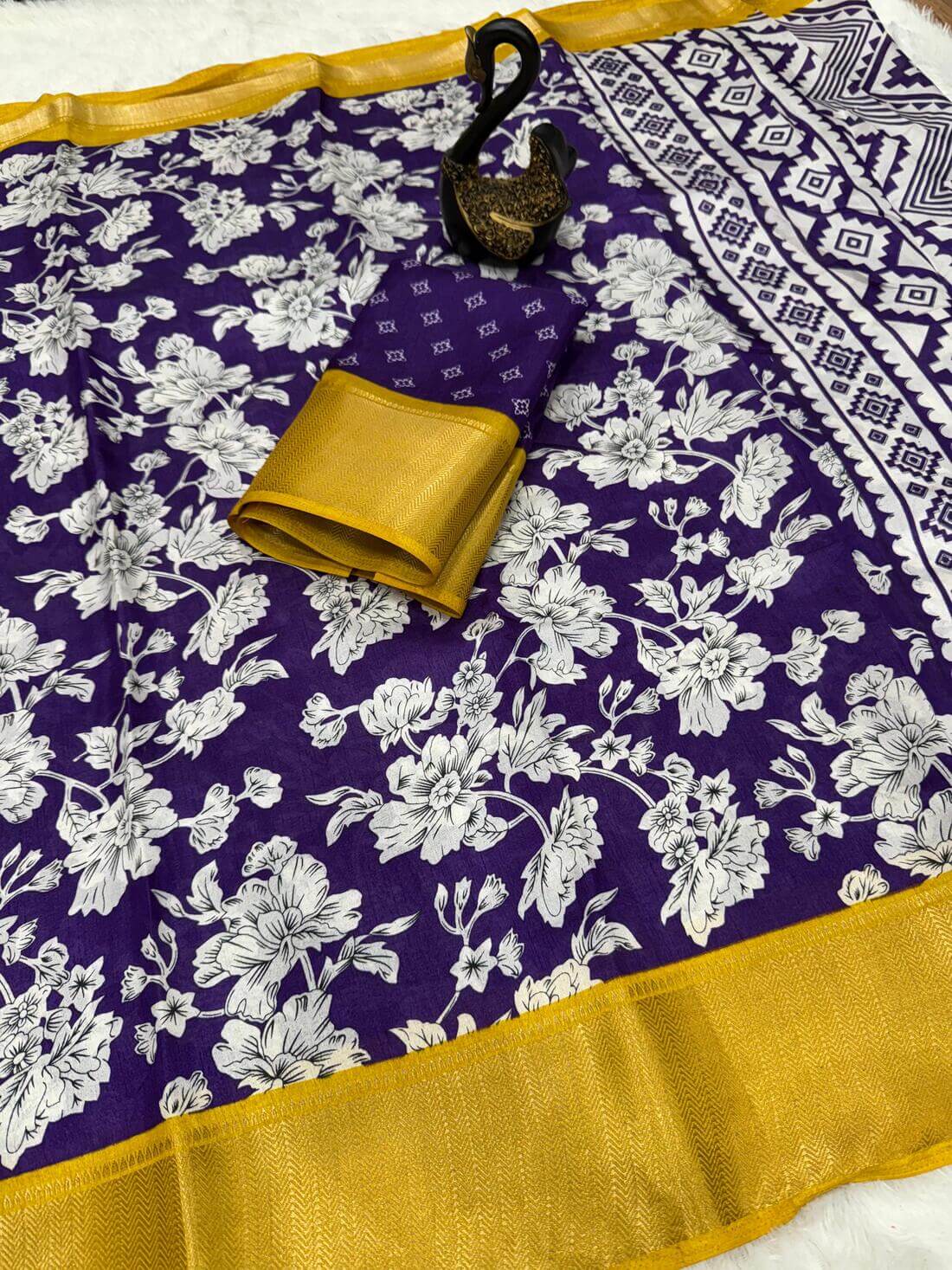 Captivating Royal Blue Digital Printed Dola Silk Saree With Appealing Blouse Piece