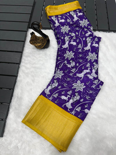 Charming Royal Blue Digital Printed Dola Silk Saree With Phenomenal Blouse Piece