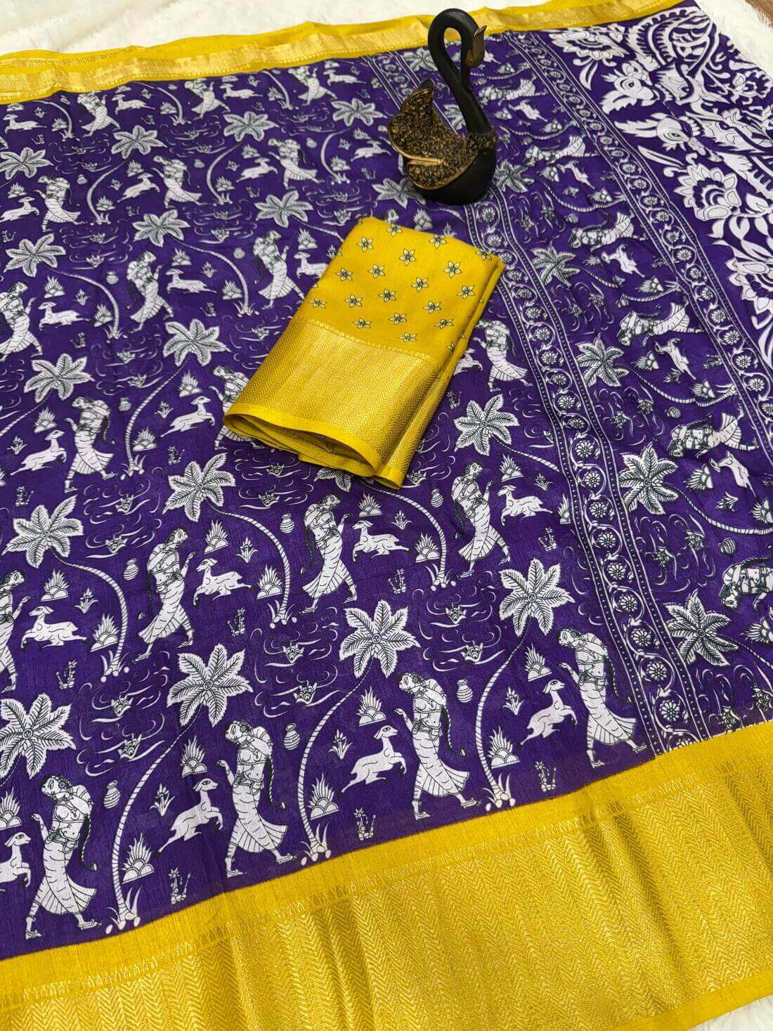 Charming Royal Blue Digital Printed Dola Silk Saree With Phenomenal Blouse Piece