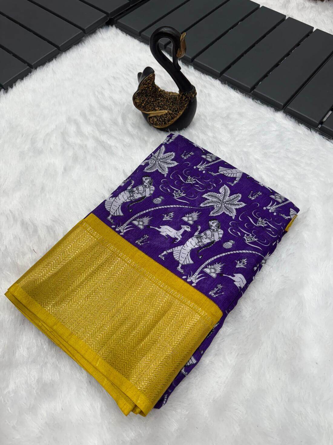 Charming Royal Blue Digital Printed Dola Silk Saree With Phenomenal Blouse Piece