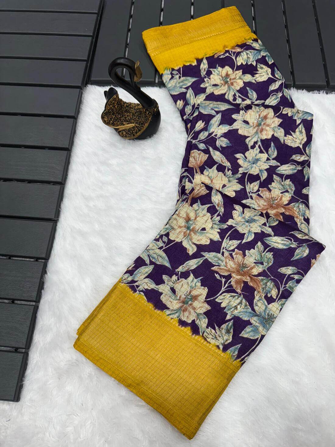 Alluring Navy Blue Digital Printed Dola Silk Saree With Classy Blouse Piece