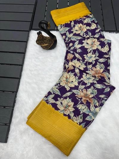 Alluring Navy Blue Digital Printed Dola Silk Saree With Classy Blouse Piece