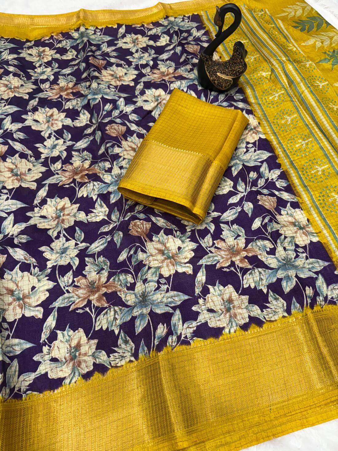 Alluring Navy Blue Digital Printed Dola Silk Saree With Classy Blouse Piece