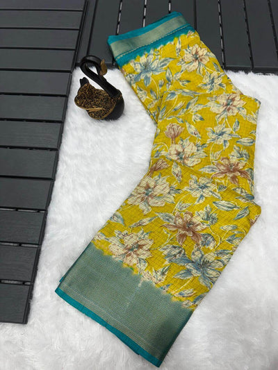 Flattering Mustard Digital Printed Dola Silk Saree With Dazzling Blouse Piece