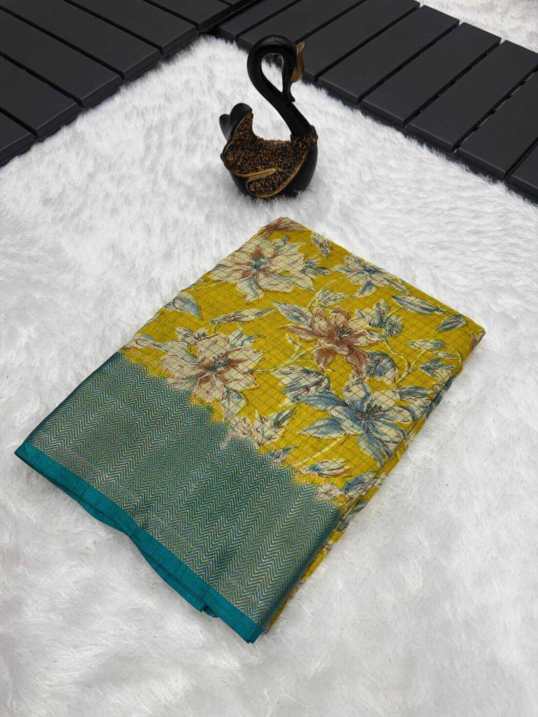 Flattering Mustard Digital Printed Dola Silk Saree With Dazzling Blouse Piece