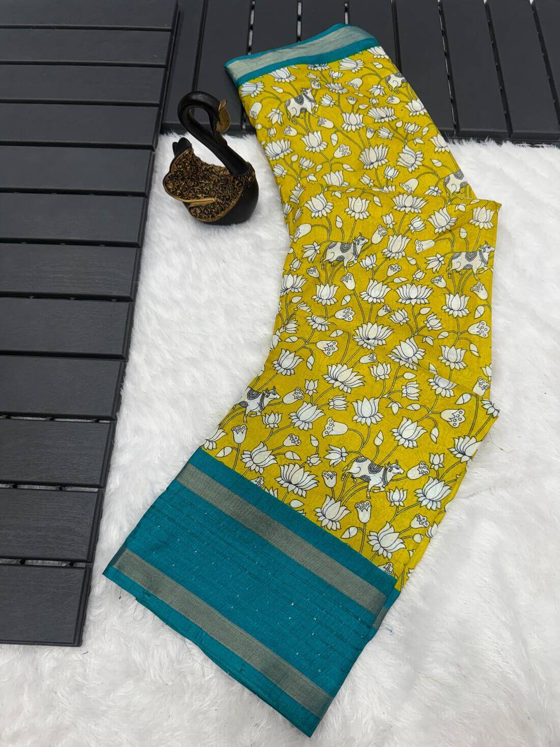 Girlish Mustard Digital Printed Dola Silk Saree With Captivating Blouse Piece