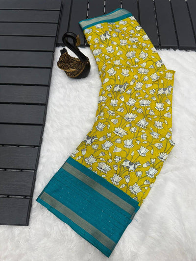 Girlish Mustard Digital Printed Dola Silk Saree With Captivating Blouse Piece