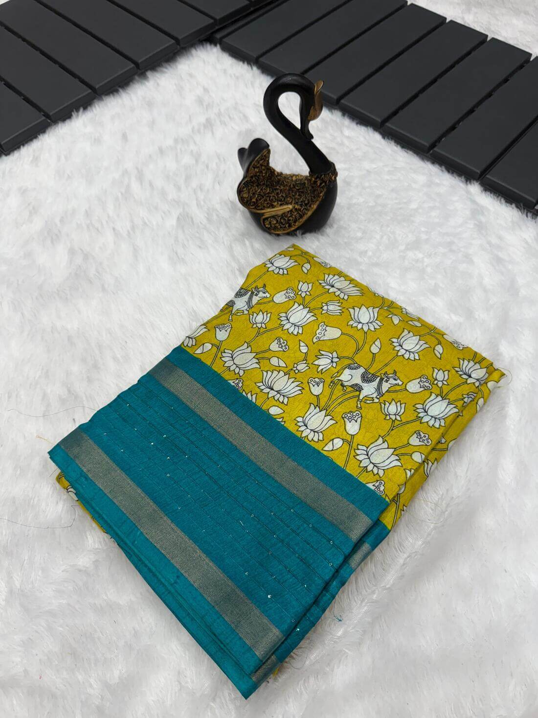 Girlish Mustard Digital Printed Dola Silk Saree With Captivating Blouse Piece