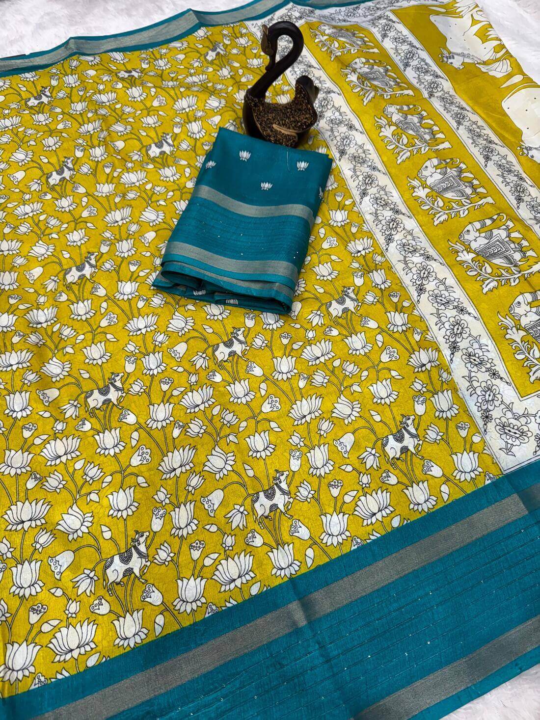 Girlish Mustard Digital Printed Dola Silk Saree With Captivating Blouse Piece