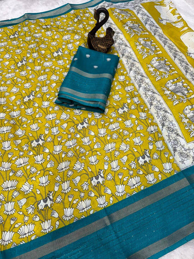 Girlish Mustard Digital Printed Dola Silk Saree With Captivating Blouse Piece