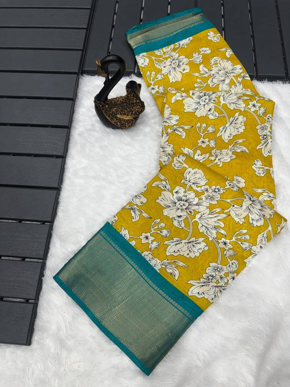 Prominent Mustard Digital Printed Dola Silk Saree With Desirable Blouse Piece