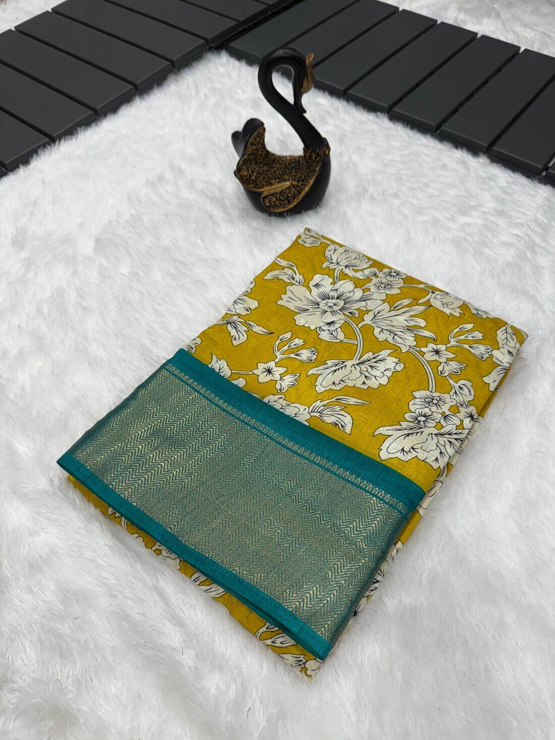 Prominent Mustard Digital Printed Dola Silk Saree With Desirable Blouse Piece