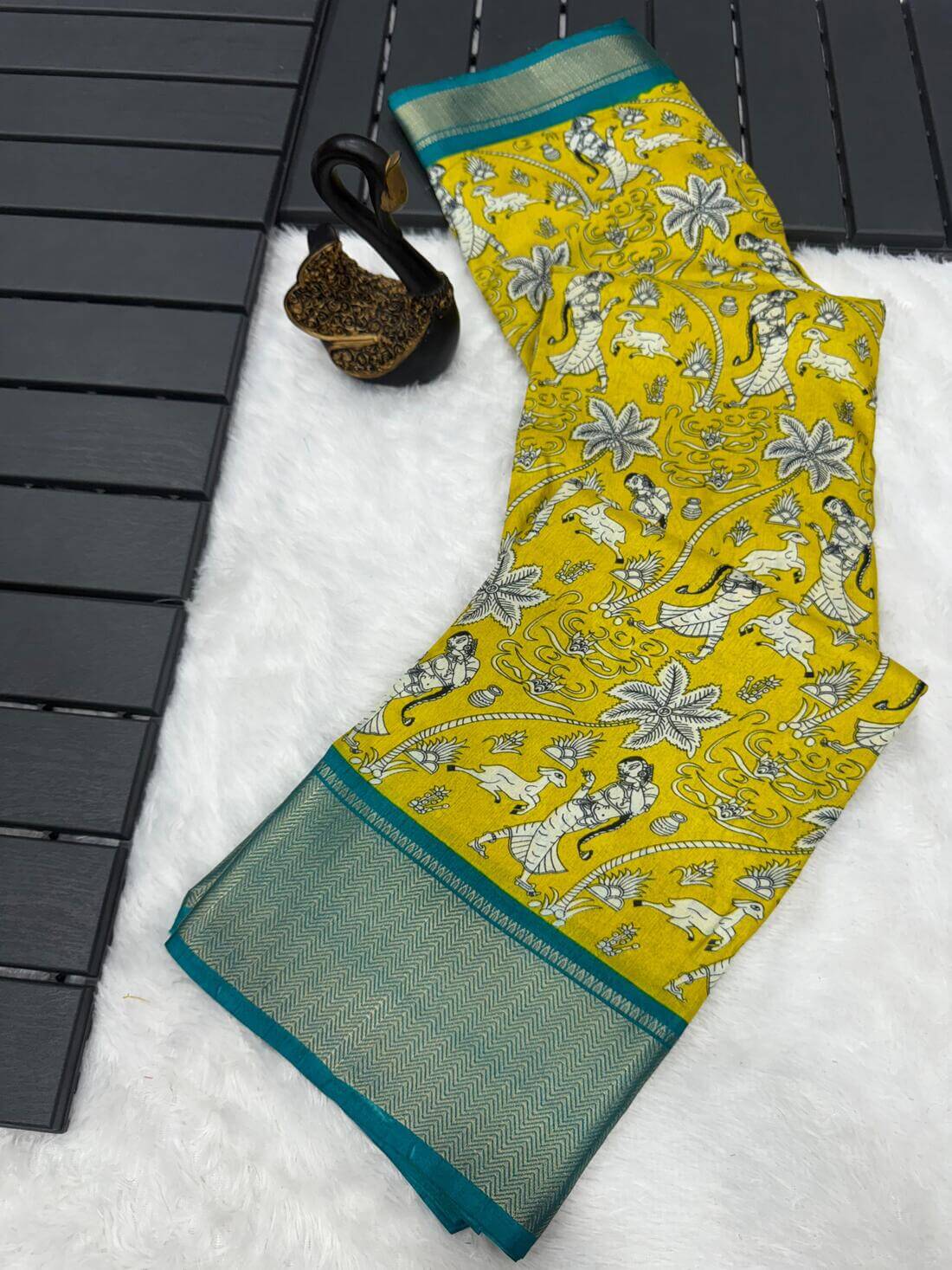 Entrancing Mustard Digital Printed Dola Silk Saree With Beleaguer Blouse Piece