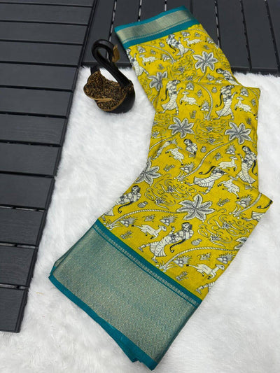 Entrancing Mustard Digital Printed Dola Silk Saree With Beleaguer Blouse Piece