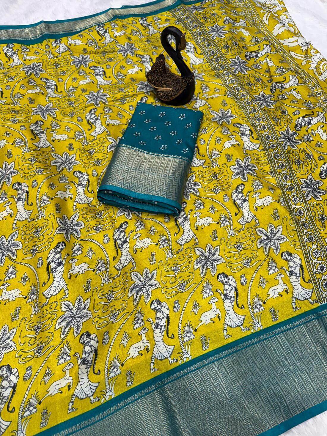 Entrancing Mustard Digital Printed Dola Silk Saree With Beleaguer Blouse Piece