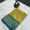 Entrancing Mustard Digital Printed Dola Silk Saree With Beleaguer Blouse Piece