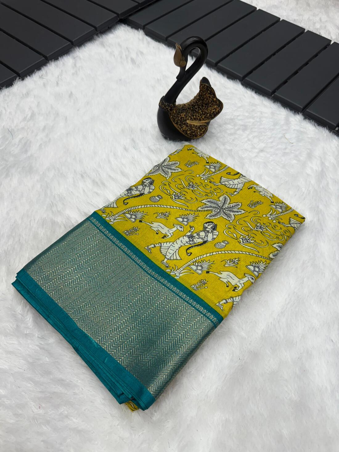 Entrancing Mustard Digital Printed Dola Silk Saree With Beleaguer Blouse Piece