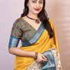 Symmetrical Mustard Digital Printed Dola Silk Saree With Transcendent Blouse Piece