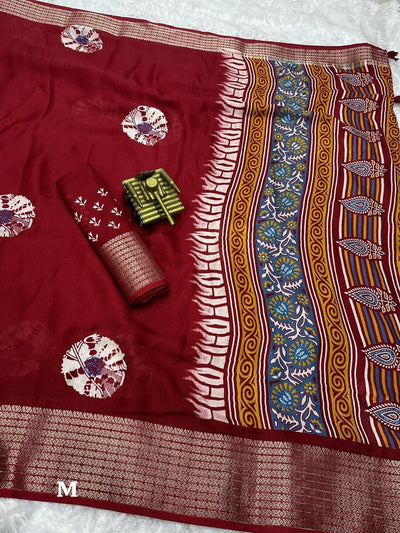 Classic Maroon Digital Printed Dola Silk Saree With Bewitching Blouse Piece