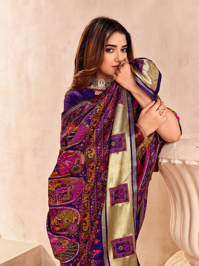 Ethnic Blue Nylon Dola Pashmina Saree With Assemblage Blouse Piece