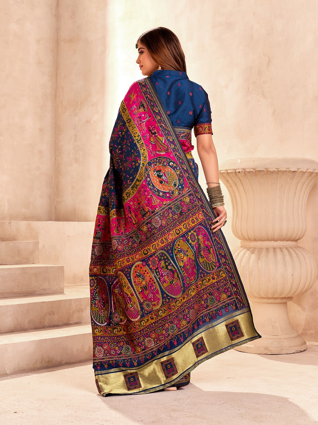 Radiant Navy Blue Nylon Dola Pashmina Saree With Luminous Blouse Piece