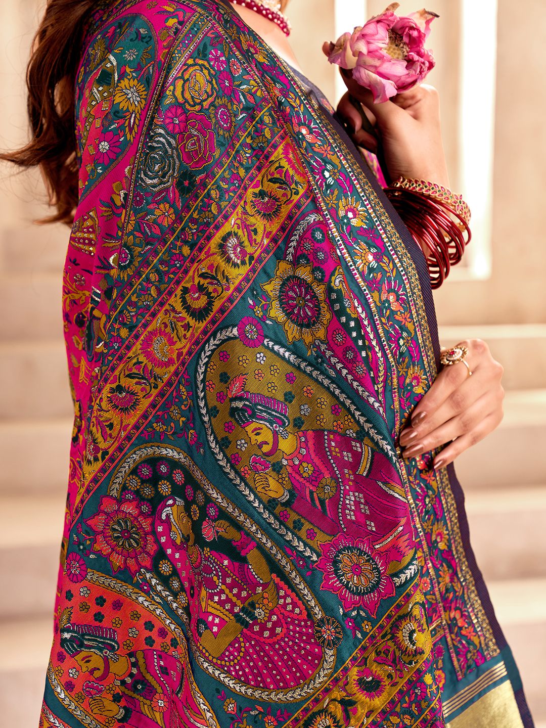 Refreshing Rama Nylon Dola Pashmina Saree With Scrumptious Blouse Piece