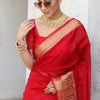 Surreptitious Red Organza Silk Saree With Vestigial Blouse Piece