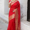 Surreptitious Red Organza Silk Saree With Vestigial Blouse Piece