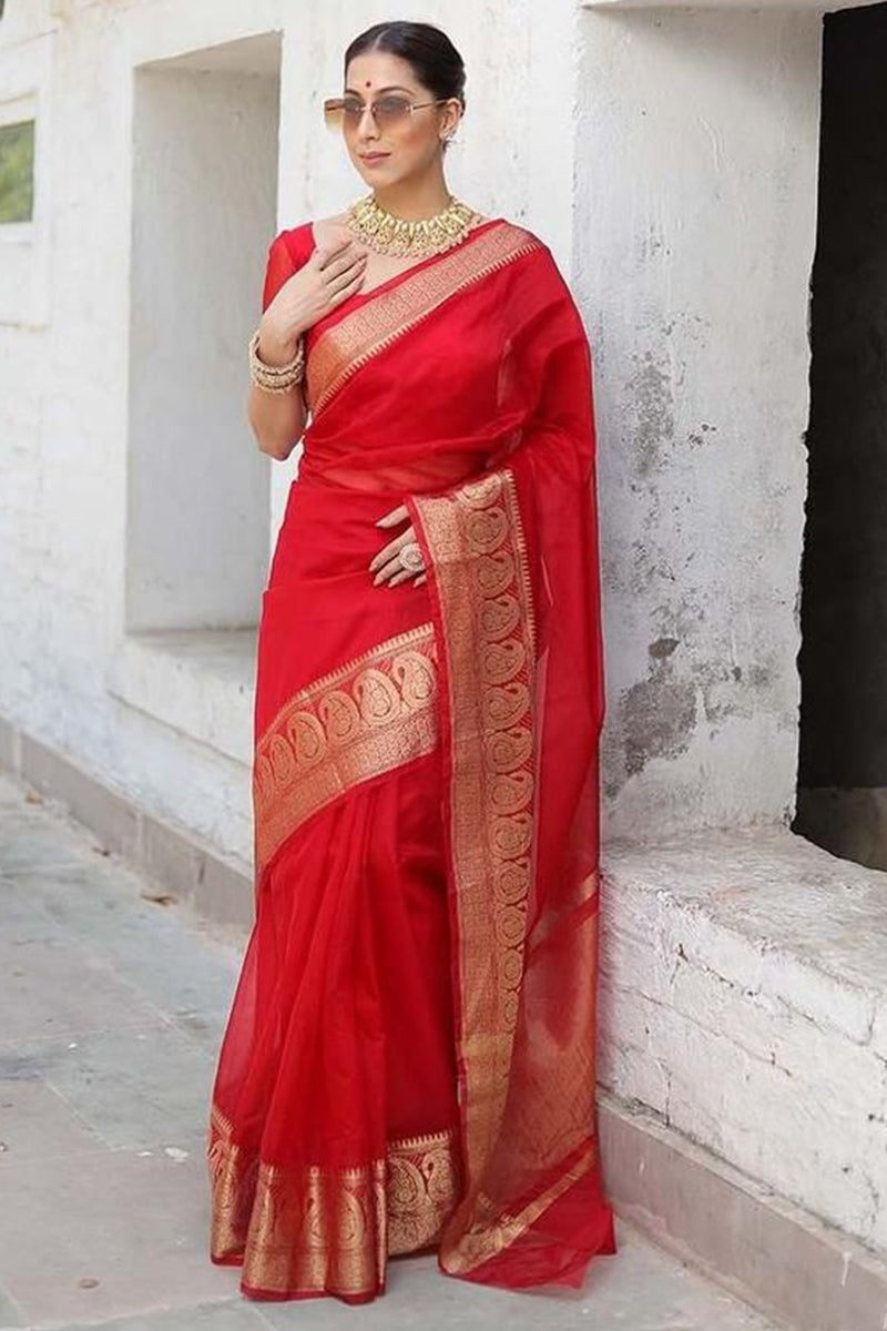 Surreptitious Red Organza Silk Saree With Vestigial Blouse Piece