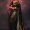 Sophisticated Black Soft Silk Saree With Twirling Blouse Piece