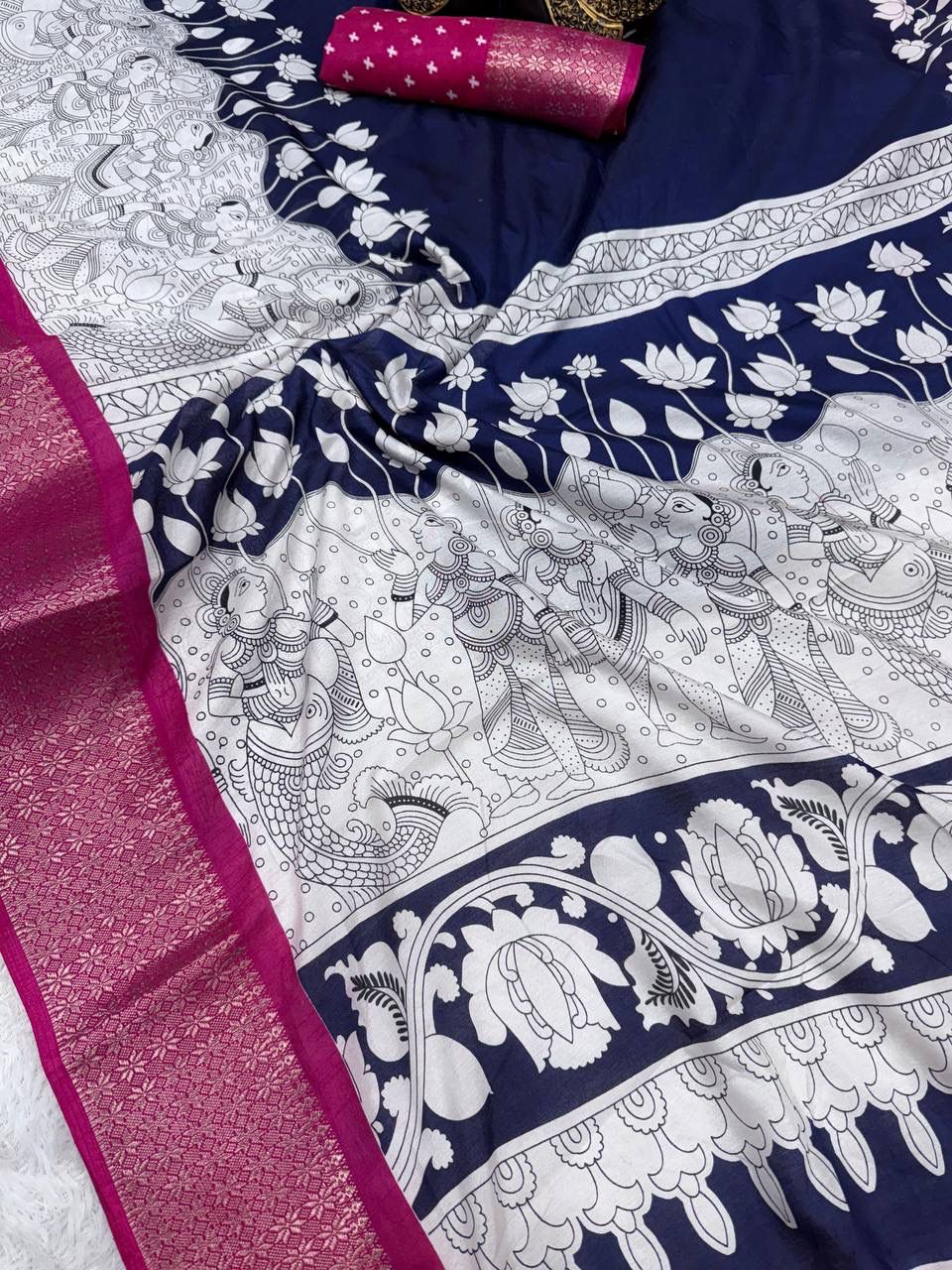 Resonant Navy Blue Digital Printed Dola Silk Saree With Winsome Blouse Piece