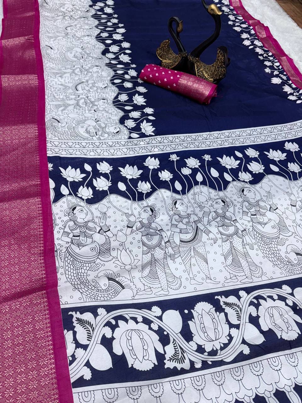 Resonant Navy Blue Digital Printed Dola Silk Saree With Winsome Blouse Piece