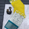 Lustrous Yellow Digital Printed Dola Silk Saree With Exemplary Blouse Piece