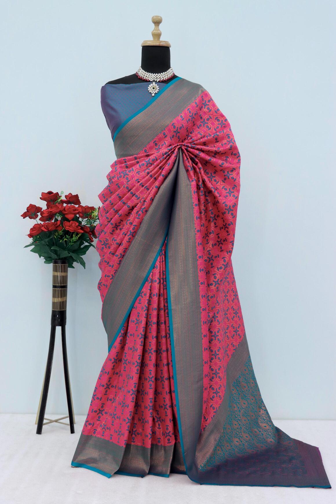 Intricate Dark Pink Soft Banarasi Silk Saree With Desiring Blouse Piece