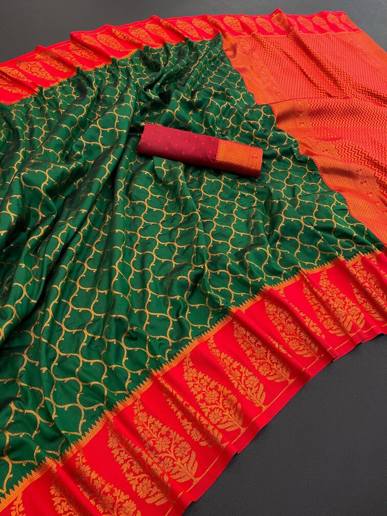 Lovely Dark Green Soft Banarasi Silk Saree With Unique Blouse Piece